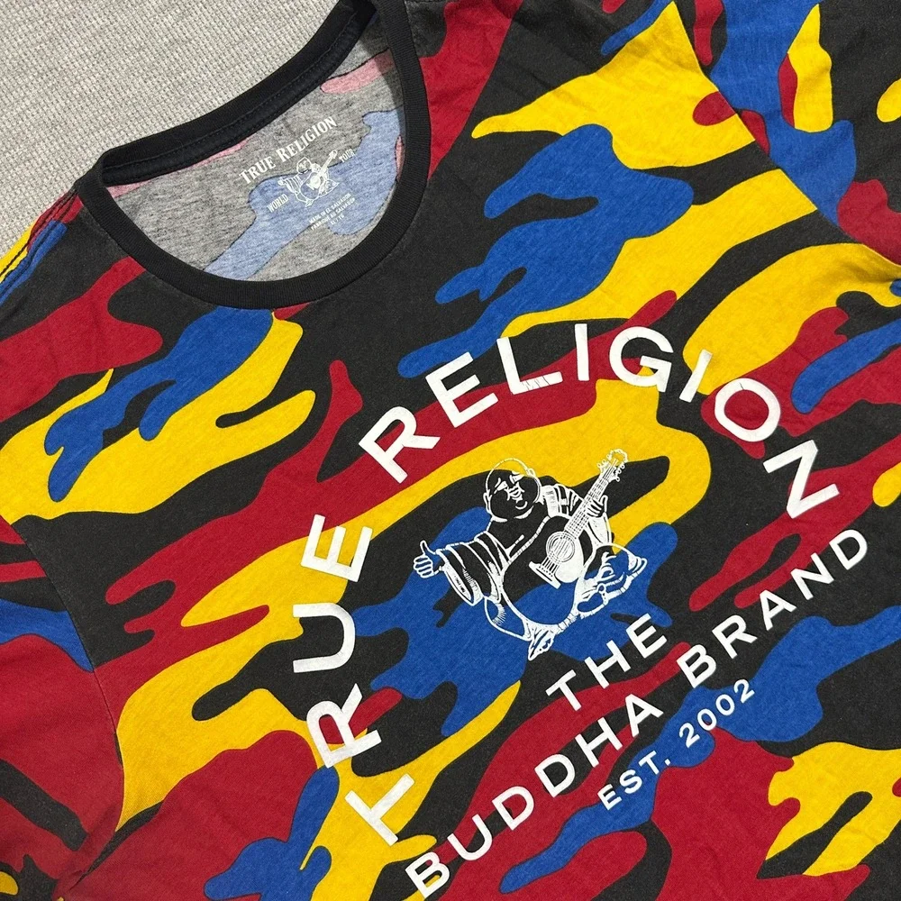 True Religion Buddha Brand All Over Camo Print Tee Multicolor Y2K 2002 XL